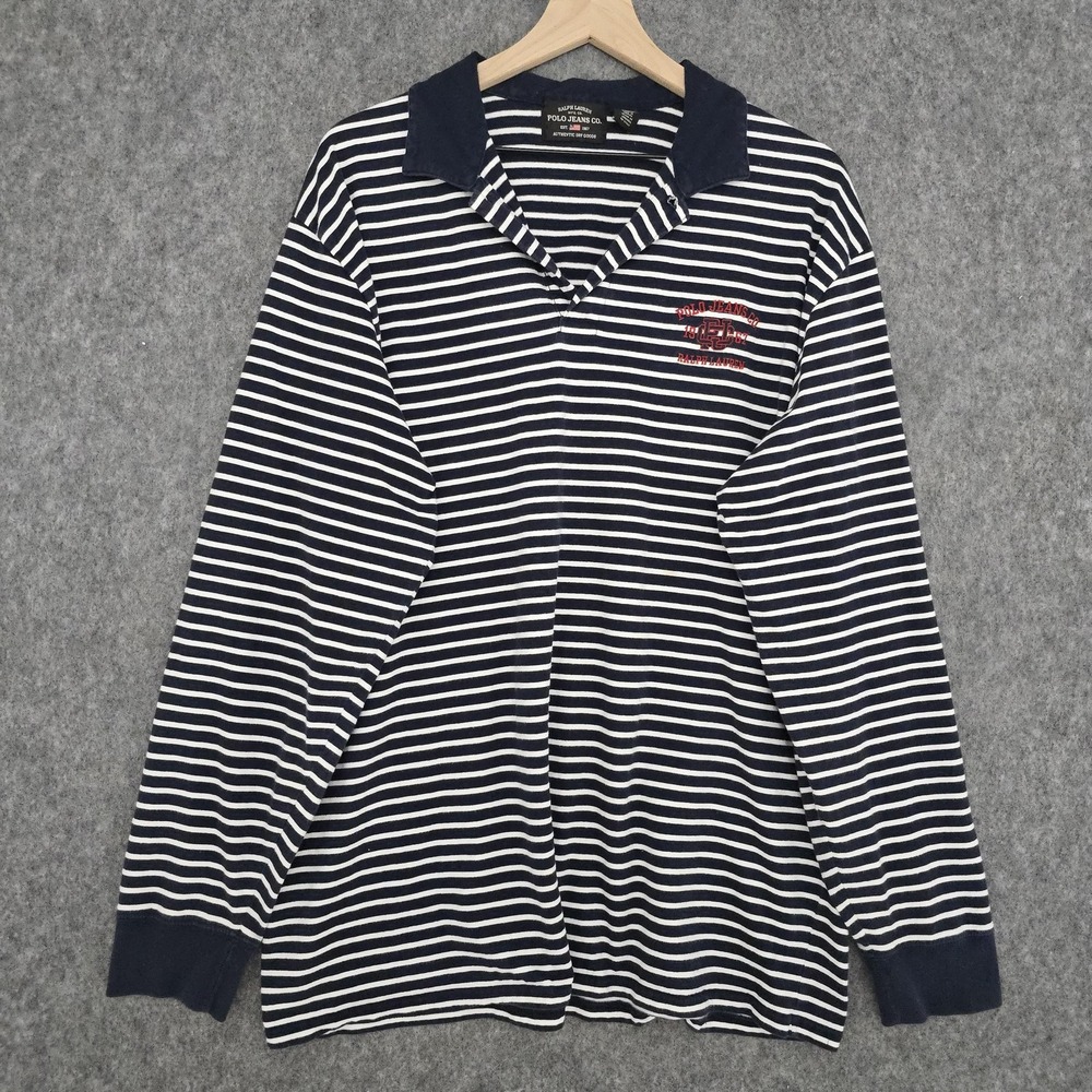 Ralph Lauren Polo Jeans Co Polo Shirt Mens XL Blue Stripe Long Sleeve Cotton